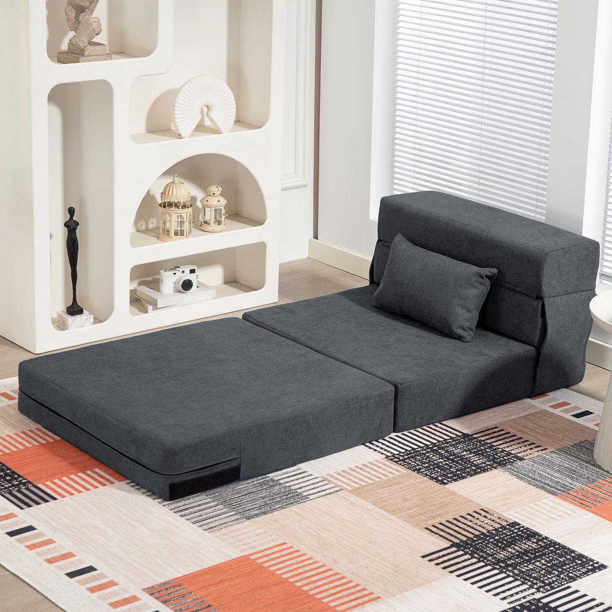 3 in 1 Schlafsessel, klappbares Schlafsofa mit Bettfunktion, Lendenkissen, Grau - Dunkelgrau, Kunststoff (80/15/210cm) - HOMCOM