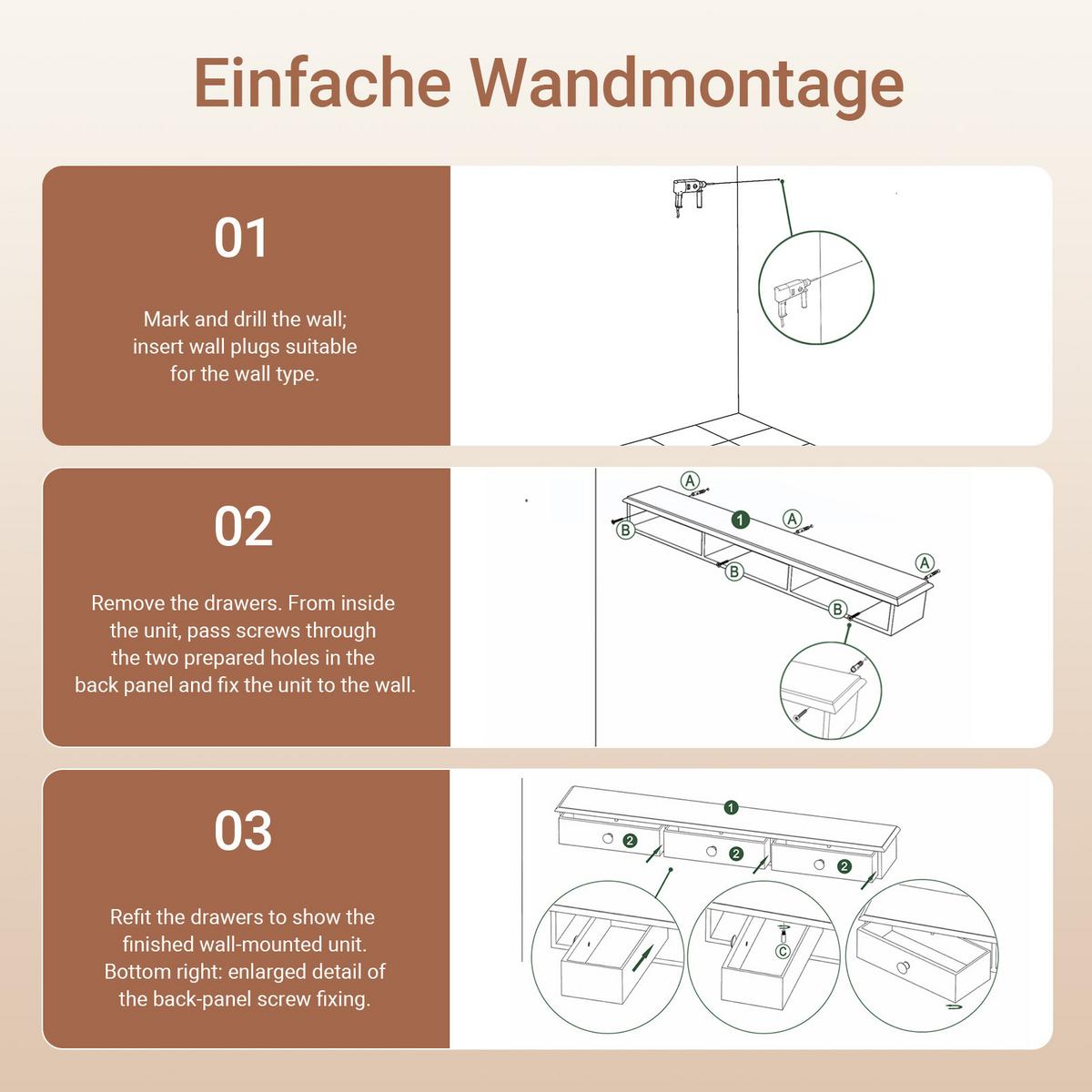 HÄNGESCHRANK Weiß, 94 cm breit, 3 Schubladen, Ablagefläche oben, bis 10 kg, für Flur, Küche & Bad - Weiß, Holzwerkstoff (93/10/15cm) - SoBuy