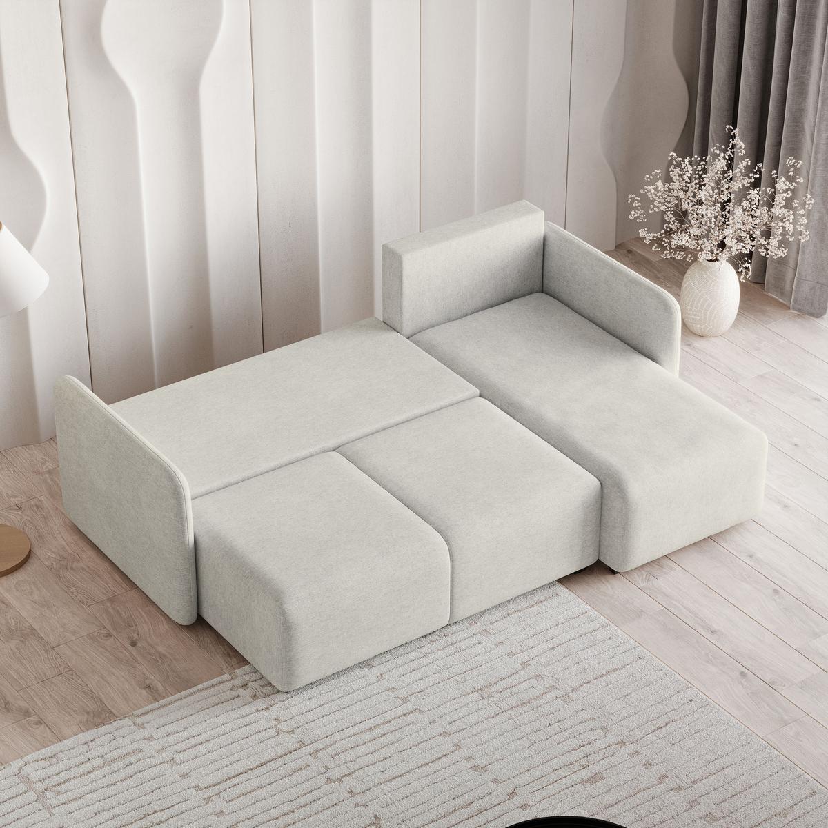 ECKSOFA SUVINO Creme Geflochtener Stoff mit Schlaffunktion - Creme, Holz (230/143cm) - MASSENO