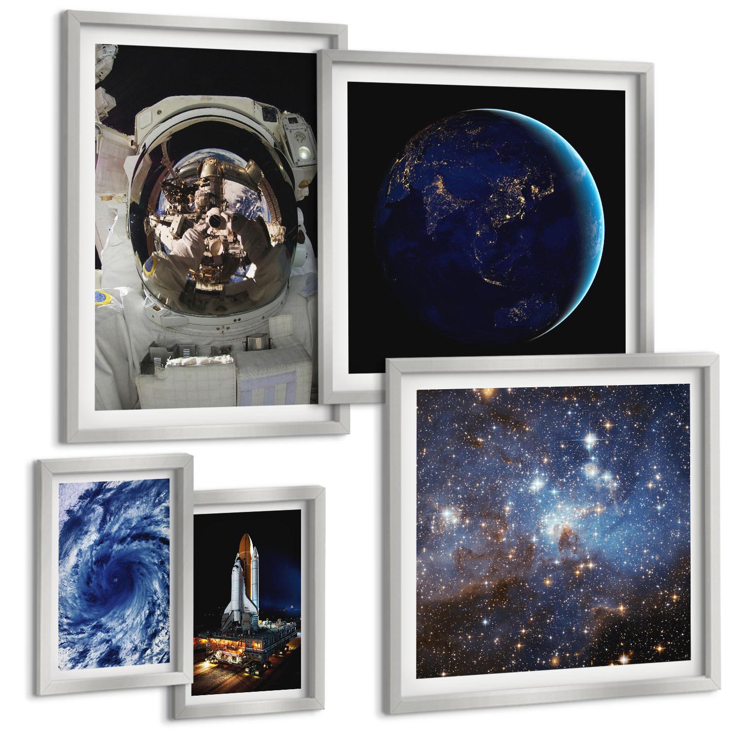 BILDER SET 5er Set - 50x50 cm & 20x30 cm & 40x60 cm Silberner Rahmen - Weltraum Erde Astronaut Rakete - Silberfarben, Kunststoff (40/60cm) - TULUP