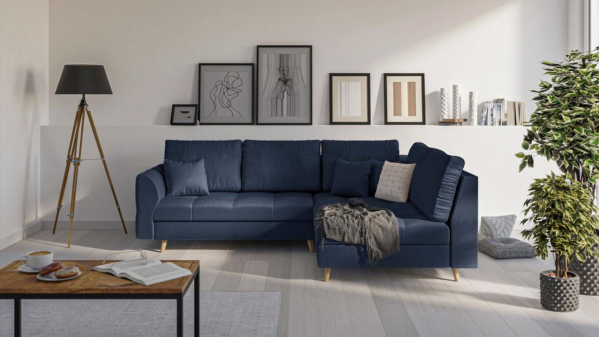 ECKSOFA Lorine Mikrofaser Dunkelblau - Hellbraun/Dunkelblau, Buchenholz/Textil (231/161cm) - S-Style Möbel