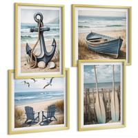 BILDER SET 4er Set - 50x50 cm & 40x60 cm Goldrahmen - Anker, Boot, Ruder, Strand - Goldfarben, Kunststoff (50/50cm) - TULUP