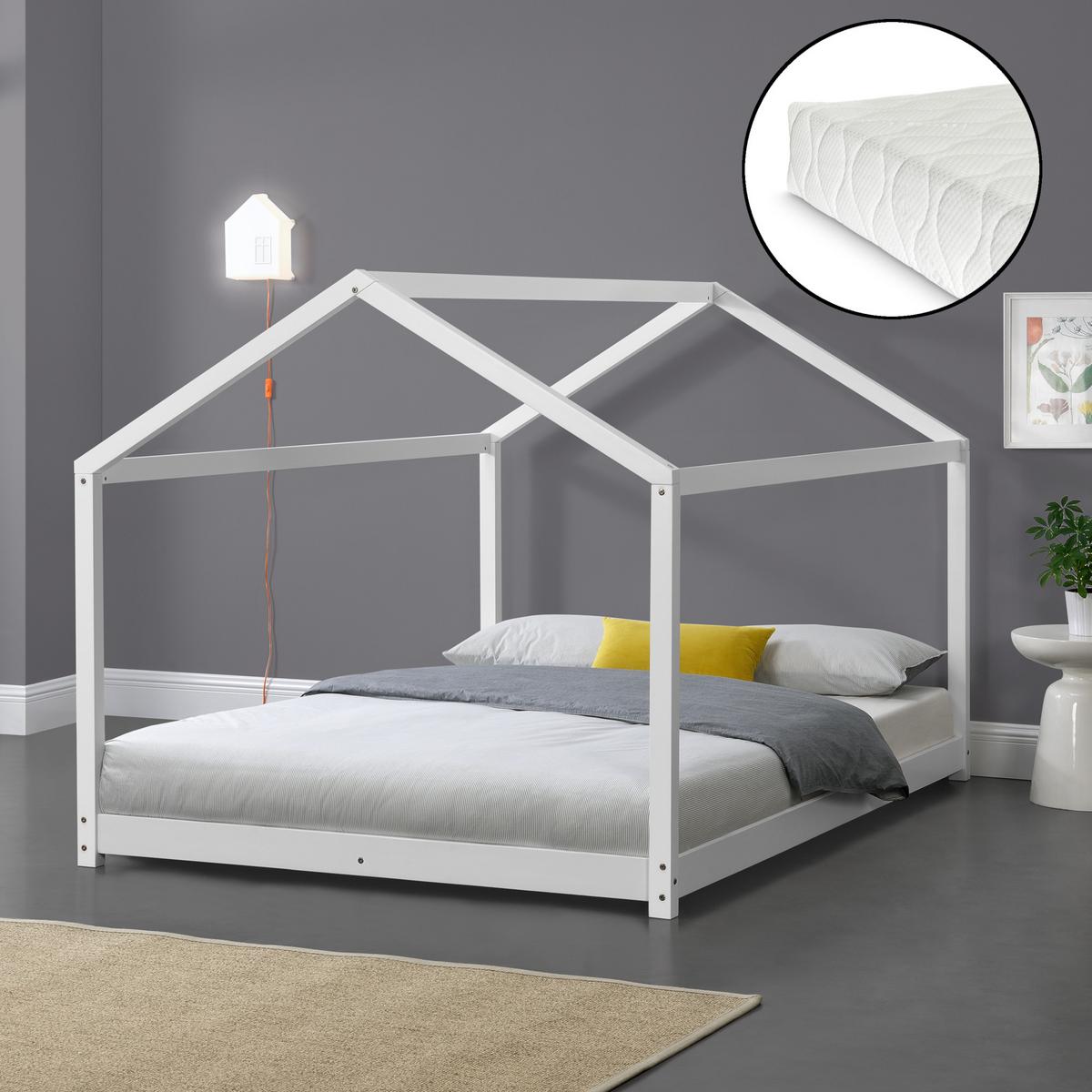 HAUSBETT Cerro mit Matratze - Weiß, Holz/Textil (140/200cm) - [en.casa]