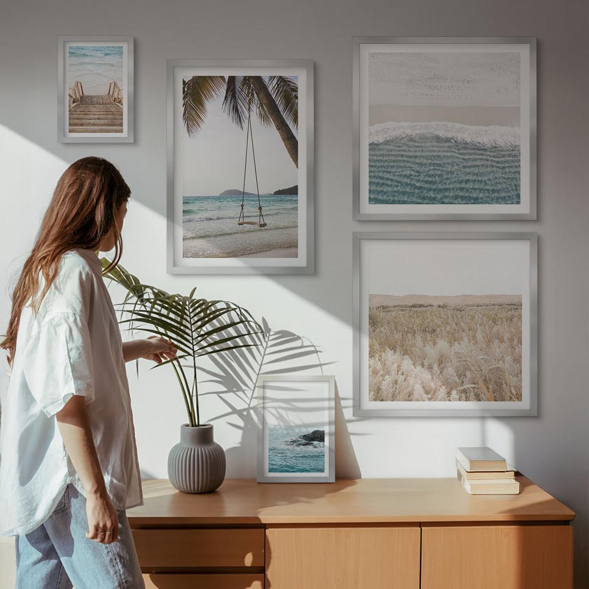 BILDER SET 5er Set - 50x50 cm & 20x30 cm & 40x60 cm Silberner Rahmen - Treppe, Strand, Meerblick, Schaukel - Silberfarben, Kunststoff (40/60cm) - TULUP