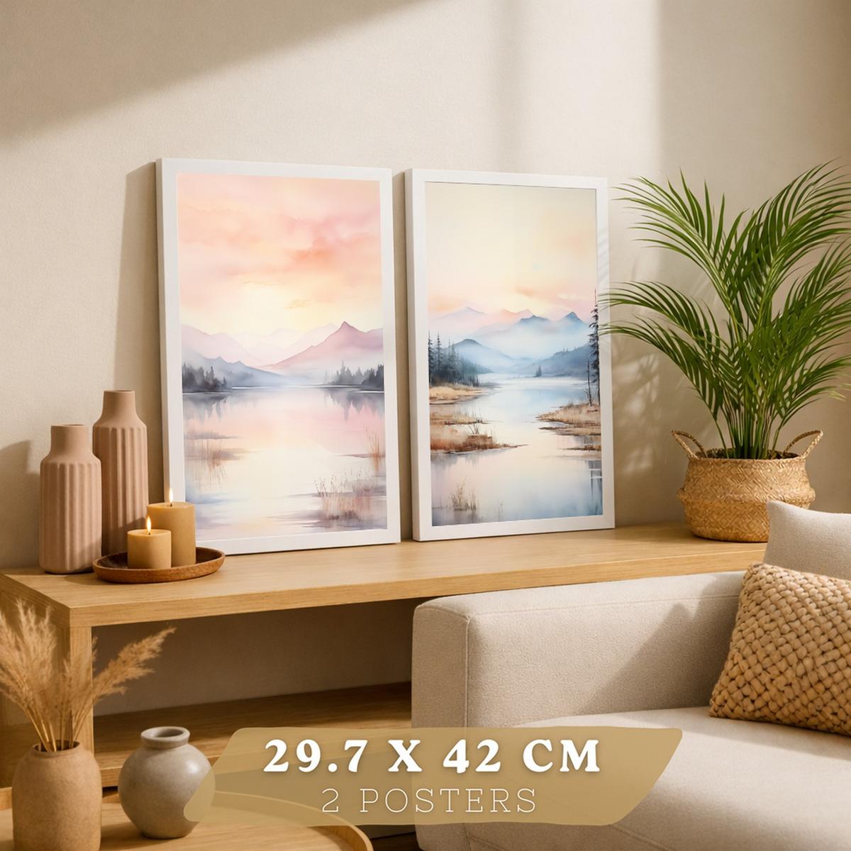 POSTER 2er-Set Wandbilder Sonnenuntergang modern Wohnzimmer Deko, Schlafzimmer, Küche, Badezimmer Rahmenlos A4 - Weiß, Papier (29.7/1/21cm) - Nacnic