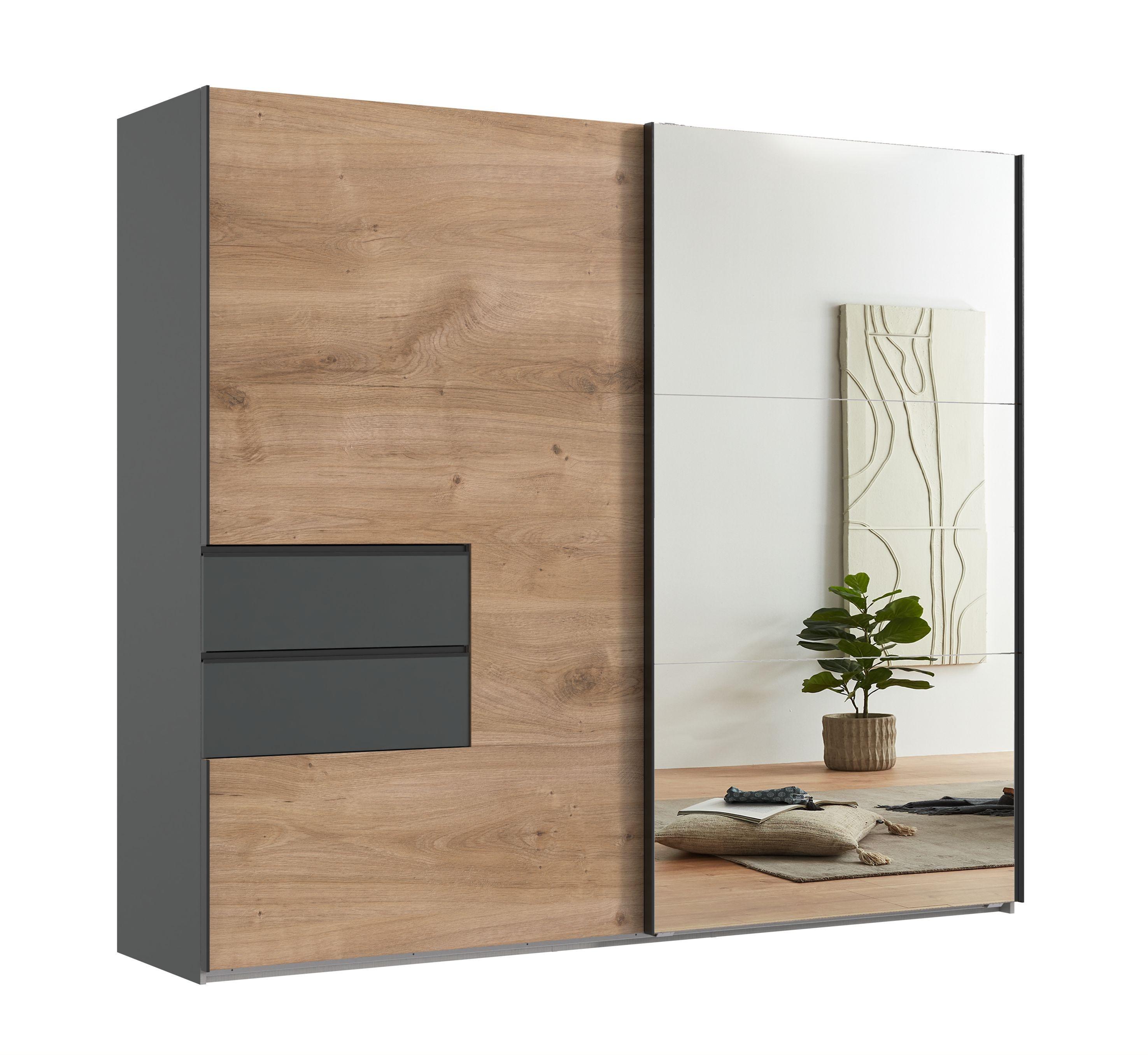 SCHWEBETÜRENSCHRANK 2-türig B250/H216/T65 cm, Korpus & Schubladen Grafit, Türen Eiche Dekor / Spiegel, Kleiderschrank inkl. Vollausstattung / 22051 - Eichefarben/Bordeaux, Holzwerkstoff/Metall (250/216/65cm) - luma-home