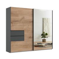 SCHWEBETÜRENSCHRANK 2-türig B250/H216/T65 cm, Korpus & Schubladen Grafit, Türen Eiche Dekor / Spiegel, Kleiderschrank inkl. Vollausstattung / 22051 - Eichefarben/Bordeaux, Holzwerkstoff/Metall (250/216/65cm) - luma-home