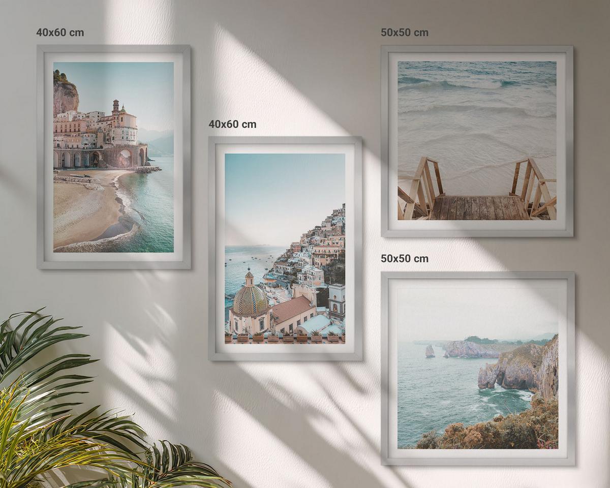 BILDER SET 4er Set - 50x50 cm & 40x60 cm Silberner Rahmen - Sommerliche Strandansichten in Pastellfarben - Silberfarben, Kunststoff (50/50cm) - TULUP