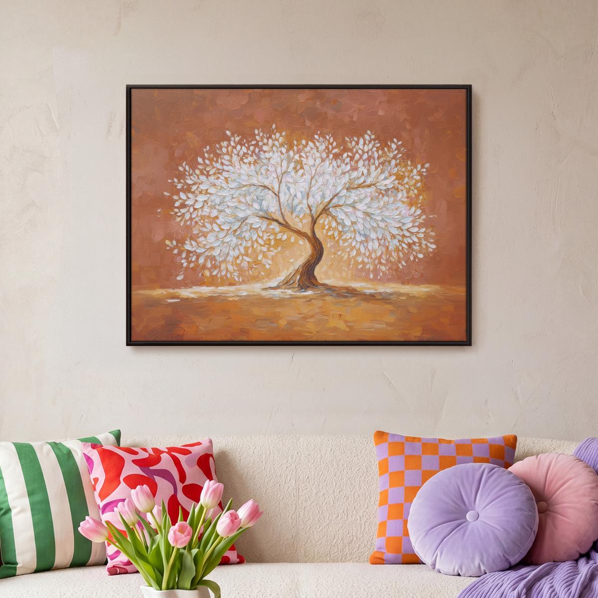 LEINWAND Bilder mit Rahmen - Abstrakt - Baum - Weiß - Blätter - 80x60 - Braun, Textil (80/60cm) - MuchoWow