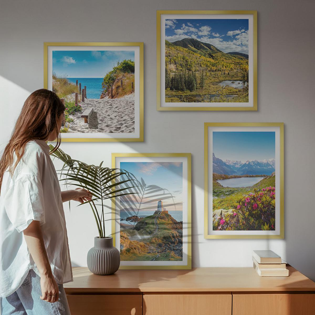 BILDER SET 4er Set - 50x50 cm & 40x60 cm Goldrahmen - Strand, Leuchtturm, Berge, Wiesen, Blumen - Goldfarben, Kunststoff (50/50cm) - TULUP