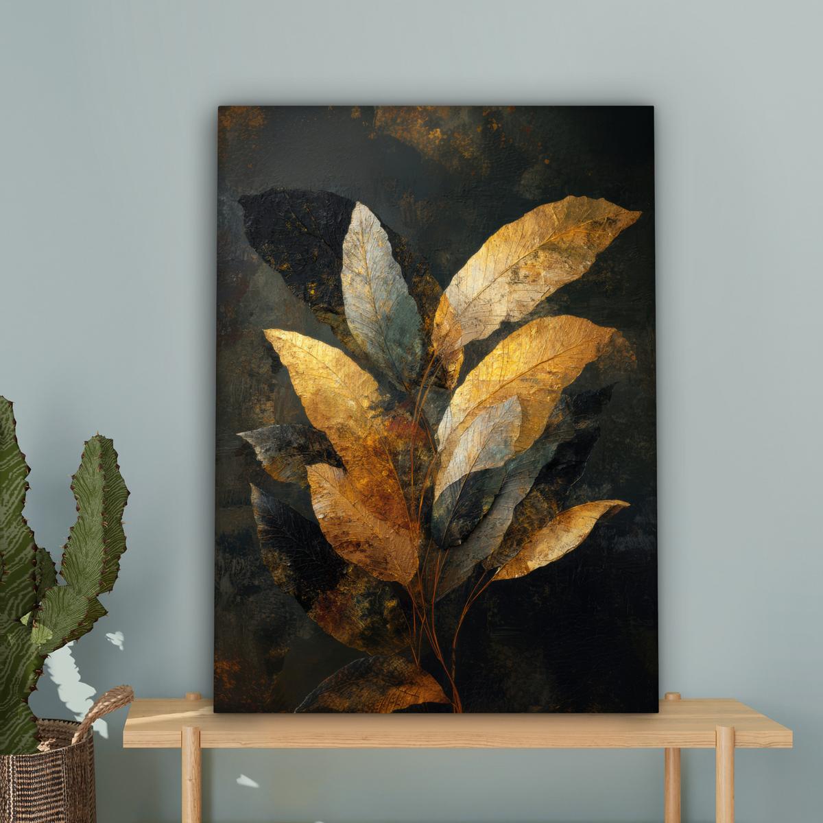 LEINWANDBILD Golden Leaf Komposition - Botanical Luxury Wandbild Wohnzimmer 60x80 cm - Goldfarben/Schwarz, Textil (60/80cm) - MuchoWow