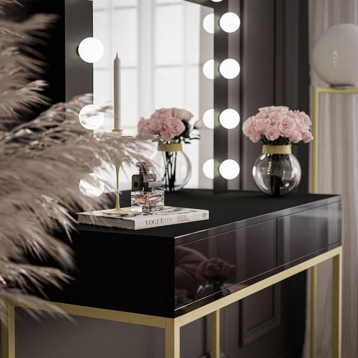 SCHMINKTISCH BLANCO GOLD mit Spiegel und Beleuchtung Schwarz PUSH OPEN - Goldfarben/Schwarz, Holzwerkstoff (100/146/42cm) - Lookway