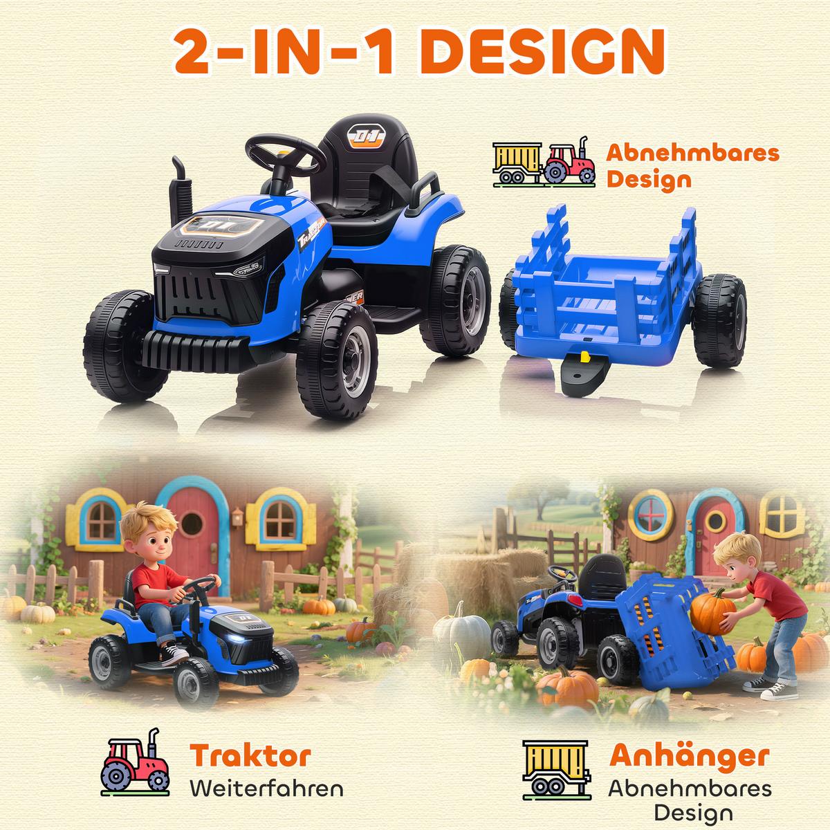 KINDER-ELEKTROTRAKTOR 3-Gang mit Anhänger, 2 Motor, für 3-8 Jahre, Blau - Blau, Metall (139/58/55cm) - AIYAPLAY