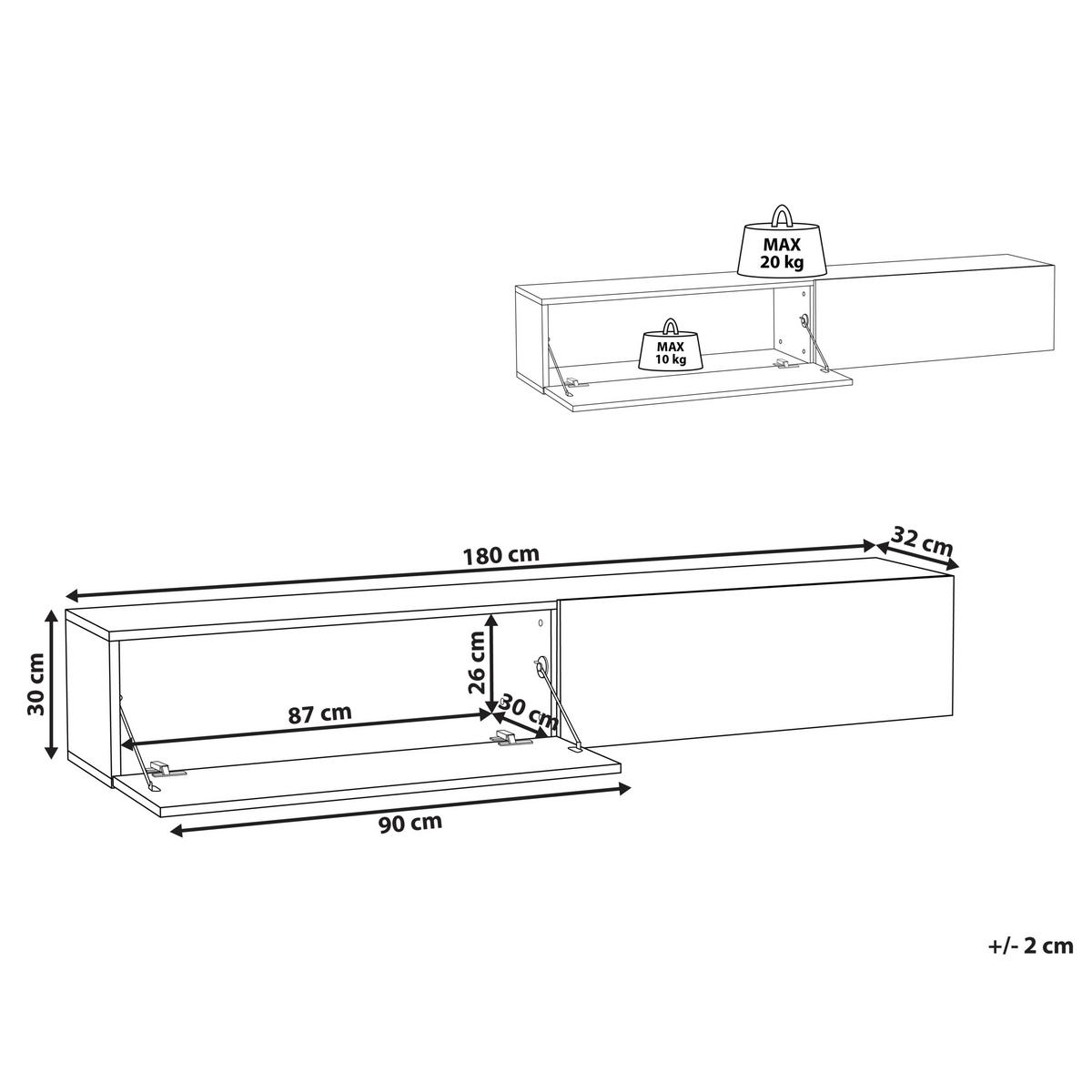 WANDMONTIERTER-TV-SCHRANK Weiß/Braun Gladstone - Weiß/Braun, Holzwerkstoff (180/30/32cm) - Beliani