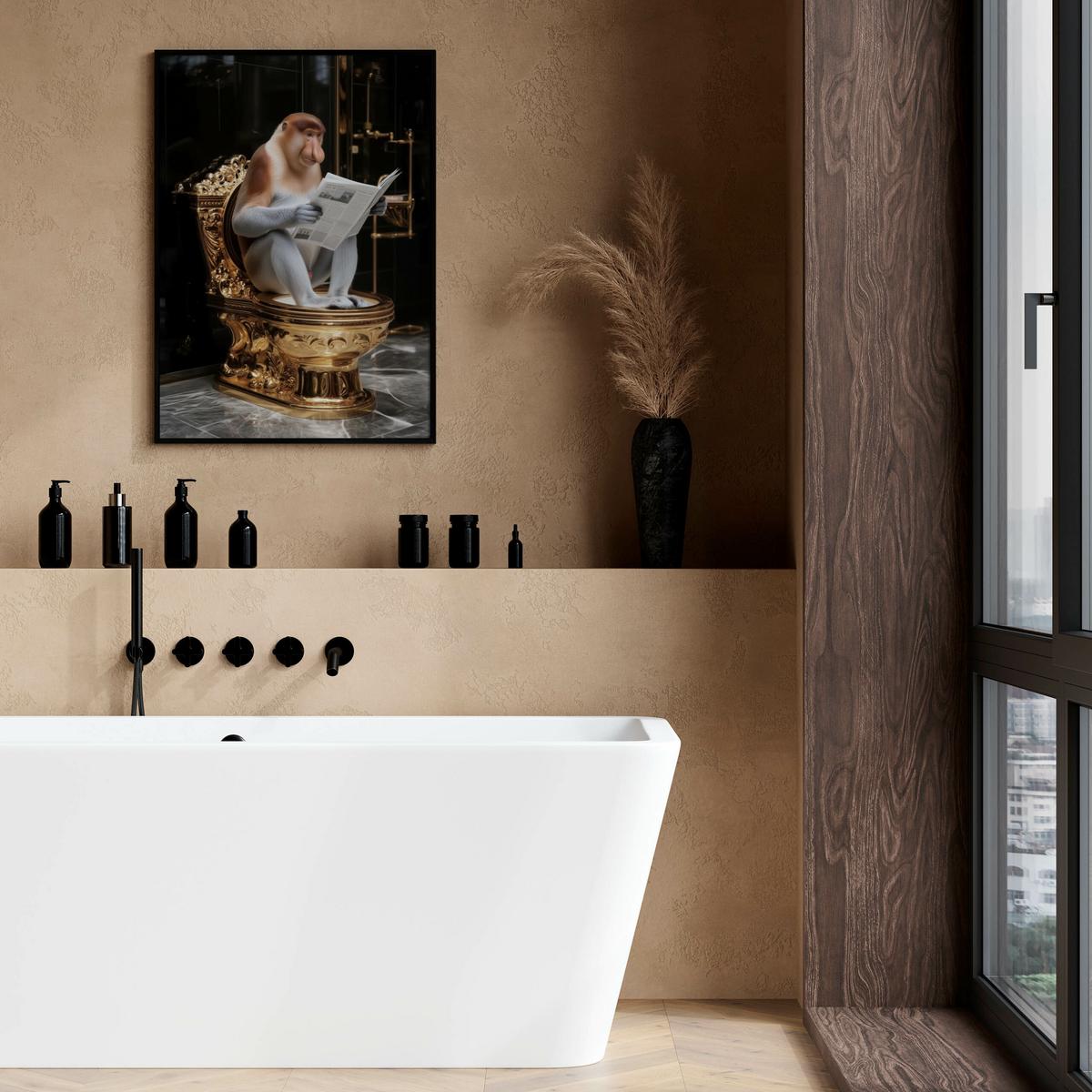 POSTER für WC Badezimmer NASENAFFE mit einer Zeitung Goldene Toilette Abstraktion 50x70cm - Gelb/Schwarz, Papier (50/70/70cm) - Muralo