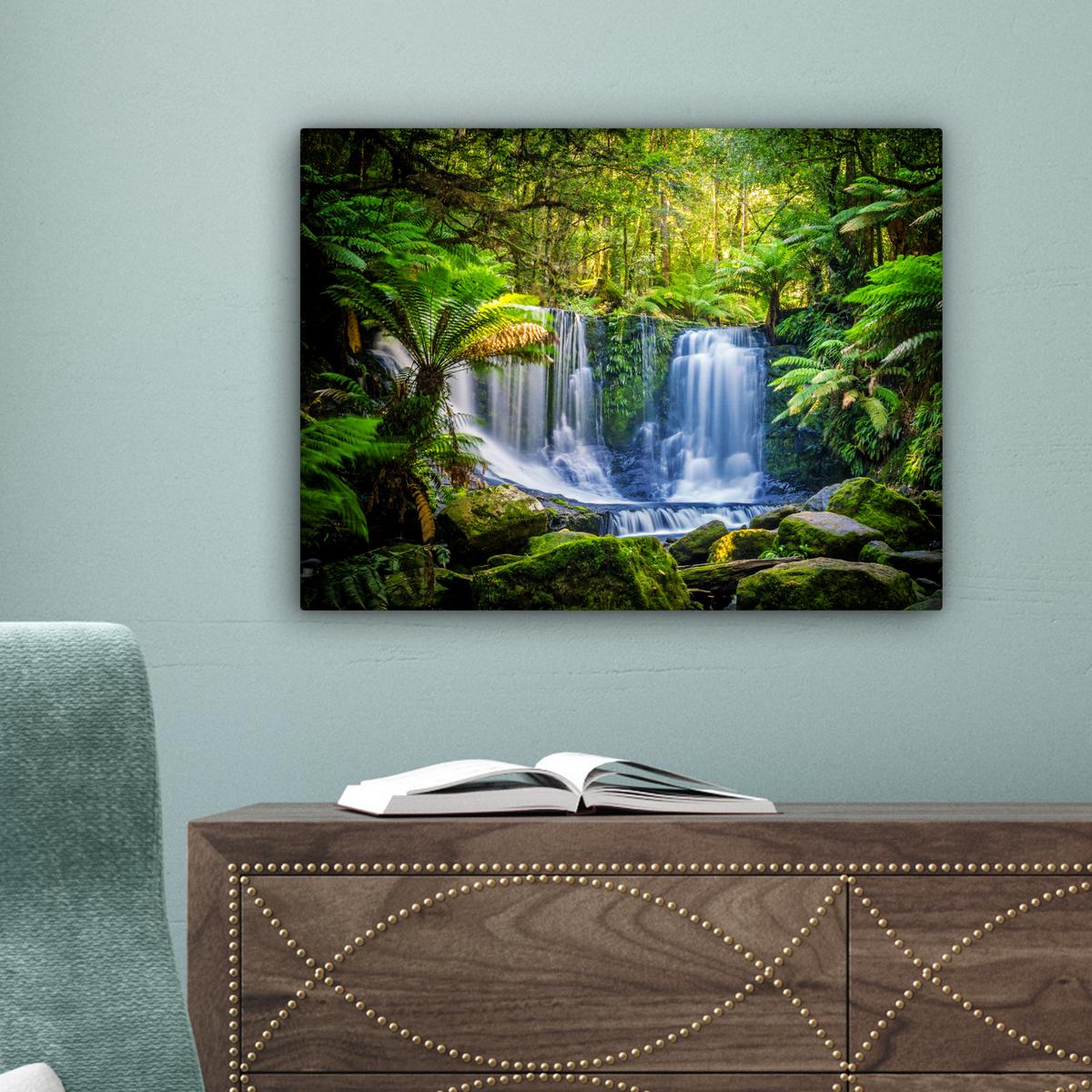 LEINWANDBILD Dschungel - Wasserfall - Australien - Pflanzen - Natur Wandbild 40x30 cm - Dunkelgrün, Textil (40/30cm) - MuchoWow