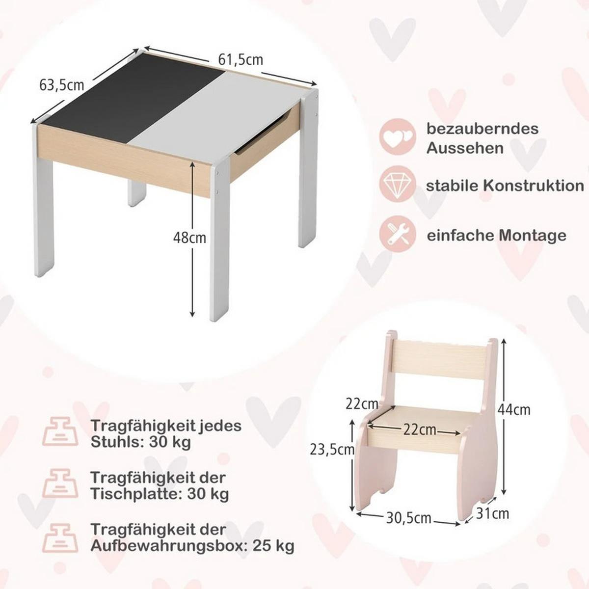 KINDERTISCH mit Stuhl rosa(3-tlg) - Pink, Holzwerkstoff (63.5/48/61.5cm) - COSTWAY
