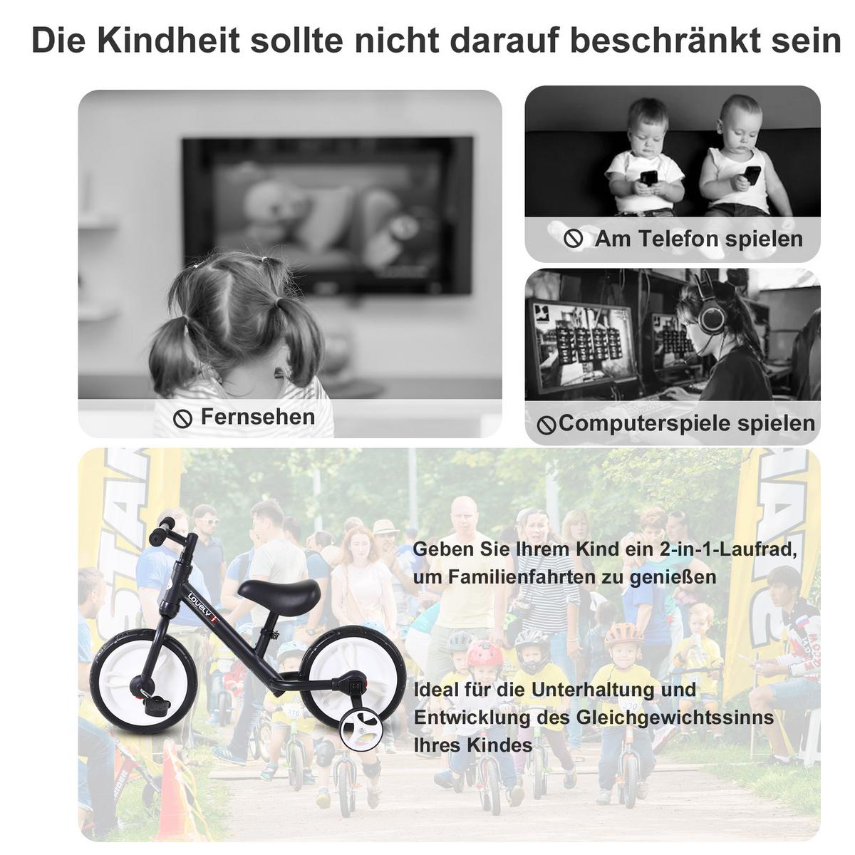 KINDER Laufrad Kinderfahrrad Stützräder Pedale 2-in-1 2-5 Jahre Kunststoff - Schwarz, Kunststoff (85/36/54cm) - HOMCOM