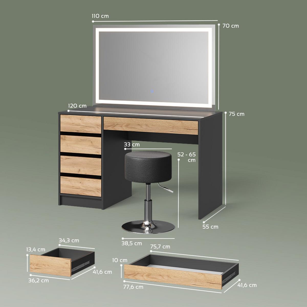 SCHMINKTISCH Imola Anthrazit/Goldkraft Eiche mit LED-Spiegel und Hocker - Honigeiche/Anthrazit, Holzwerkstoff (120/75/55cm) - Livinity®
