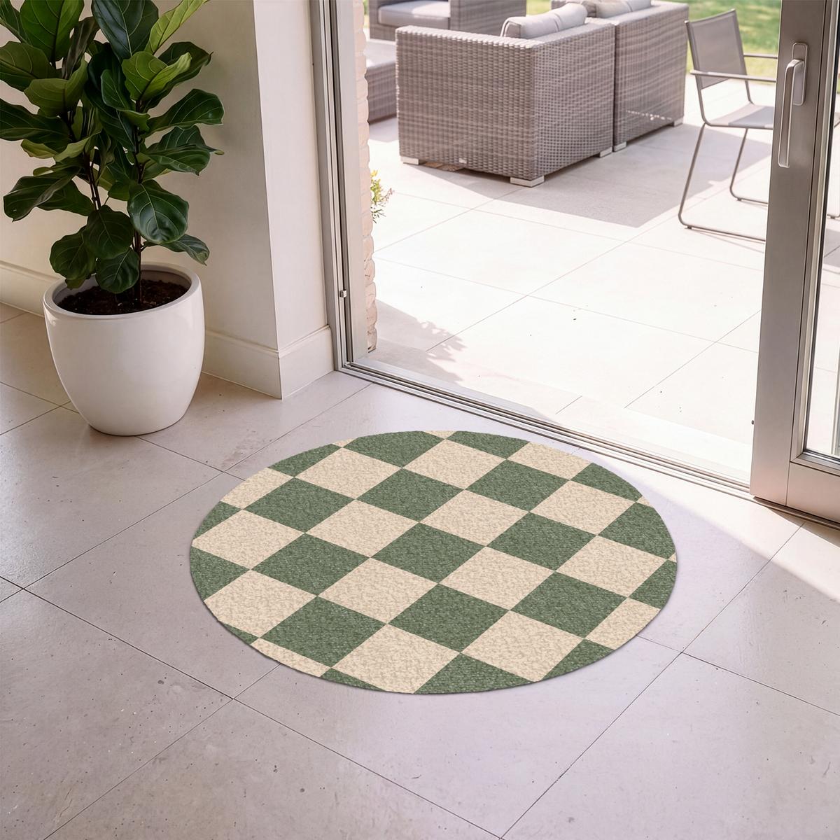 FUSSMATTE Schachbrettmuster - Grün - Beige - Blöcke Flurteppich 90x90 cm - Olivgrün, Kunststoff (90/0.4cm) - MuchoWow