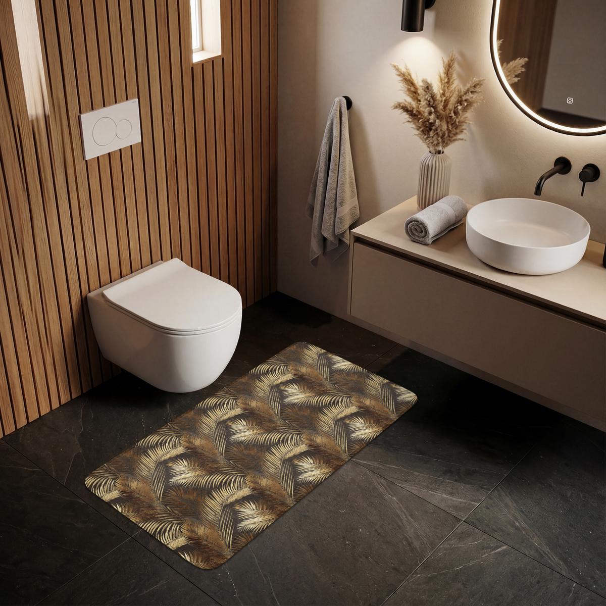 BADEMATTE Tropisch - Blätter - Gold 120x60 cm - Dunkelbraun/Goldfarben, Textil (120/60cm) - OnlyWow