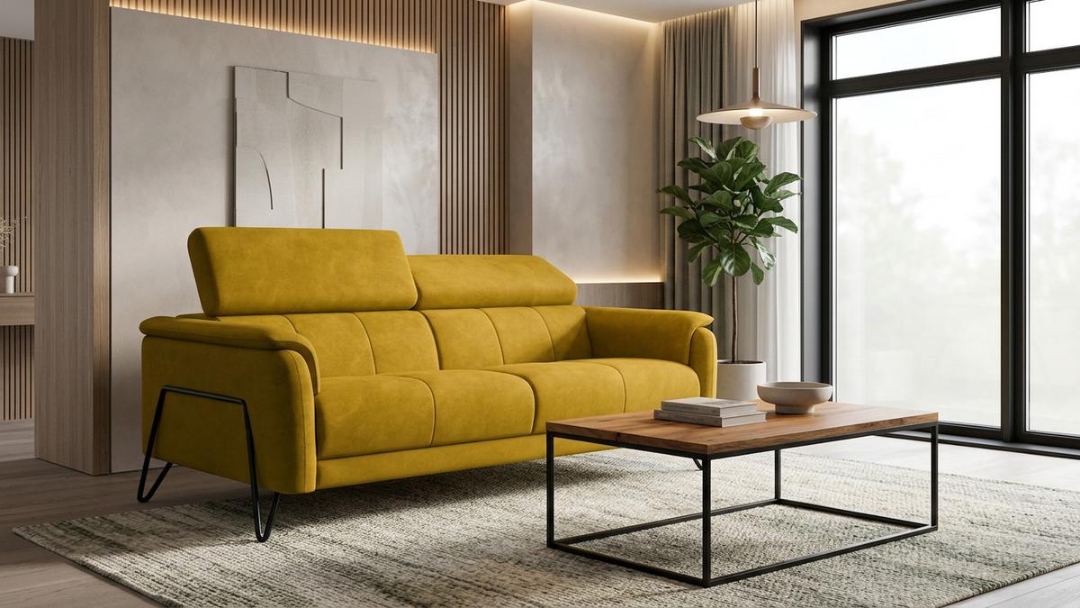SOFA RODEN 3-Sitzer, dunkegelb, Veloursstoff - Gelb, Holz/Textil (194/82/103cm) - Wozimo
