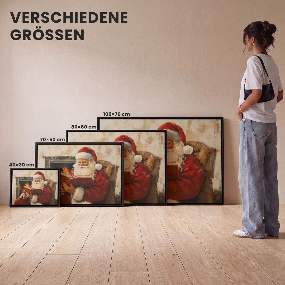 LEINWAND Bilder mit Rahmen - Weihnachten - Weihnachtsmann - Winter - Open Fireside - 100x70 - Dunkelrot, Textil (100/70cm) - MuchoWow