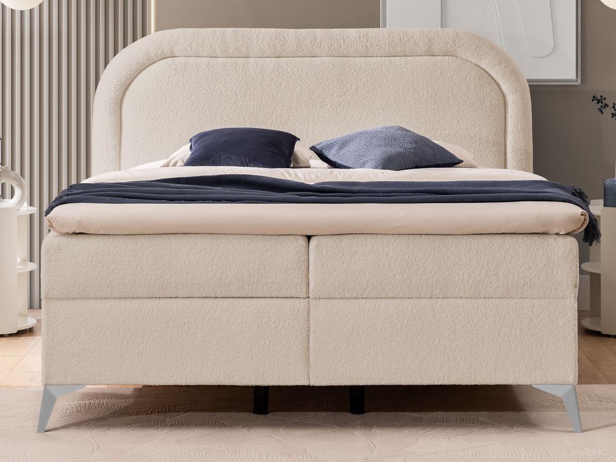 BOXBETT Sonna 140/200 cm Hellbeige Bouclé-Stoff mit abgerundetem Kopfteil und mit silbernen Metallfüßen - Beige/Silberfarben, Holz/Textil (140/200cm) - S-Style Möbel