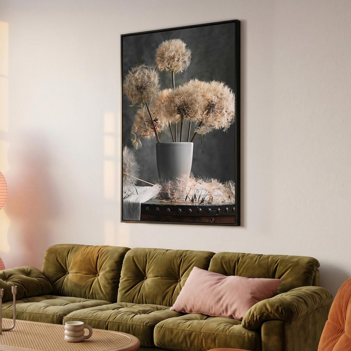 LEINWAND Bilder mit Rahmen - Blumensamen - Löwenzahn - Vase - Stilleben - Blumenstrauß - 90x140 - Dunkelgrau, Textil (90/140cm) - MuchoWow