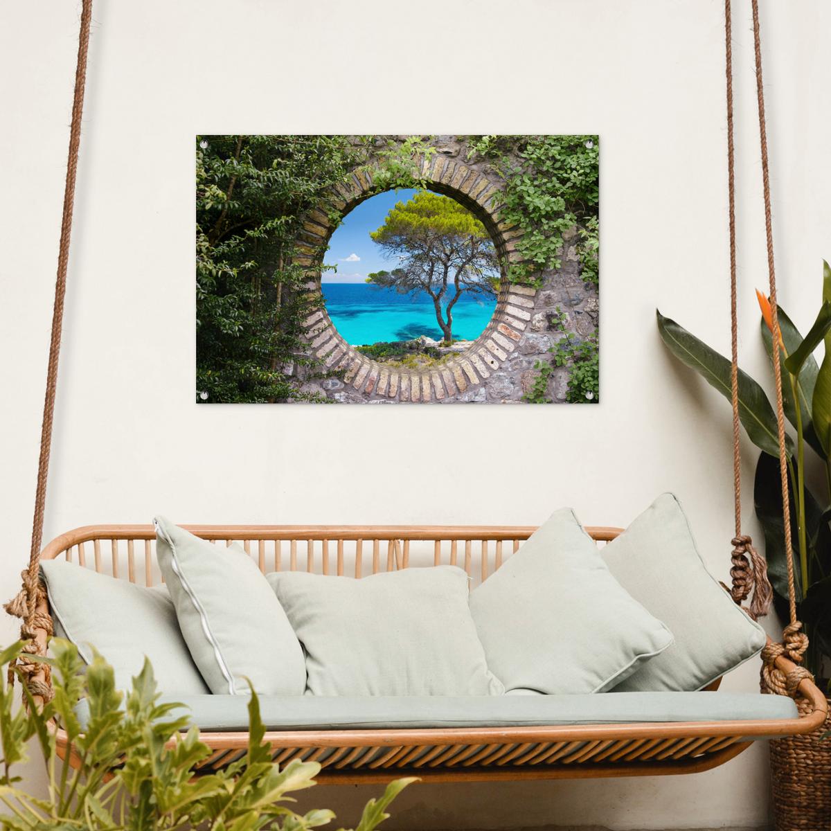GARTENPOSTER Meer - Baum - Tropisch - Ausblick Gartendeko 90x60 cm - Graubraun, Kunststoff (90/60/0.2cm) - OnlyWow