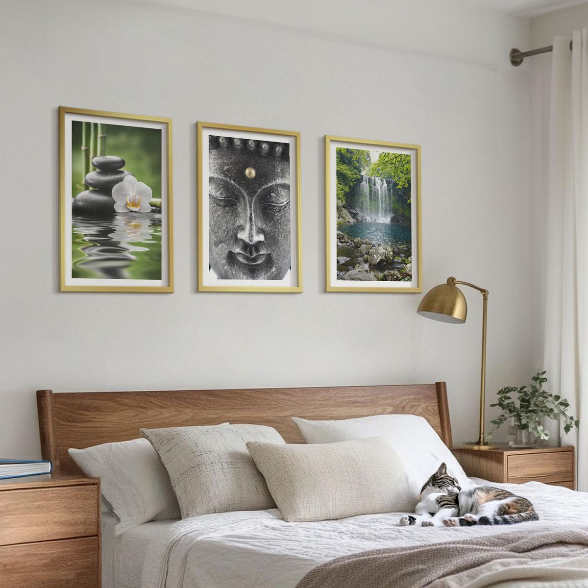 BILDER SET 3er Set - 40x60 cm Goldrahmen - Harmoniesteine Wasser Buddha - Goldfarben, Kunststoff (40/60cm) - TULUP
