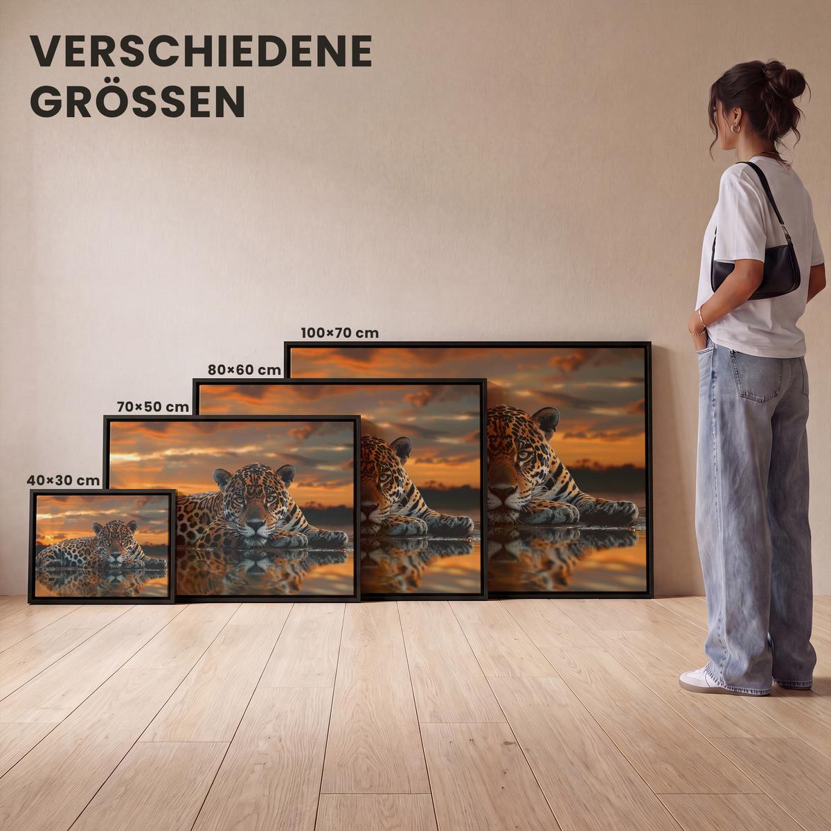 LEINWAND Bilder mit Rahmen - Natur - Leopard - Tier - Sonnenuntergang - Modern - 70x50 - Orange, Textil (70/50cm) - MuchoWow