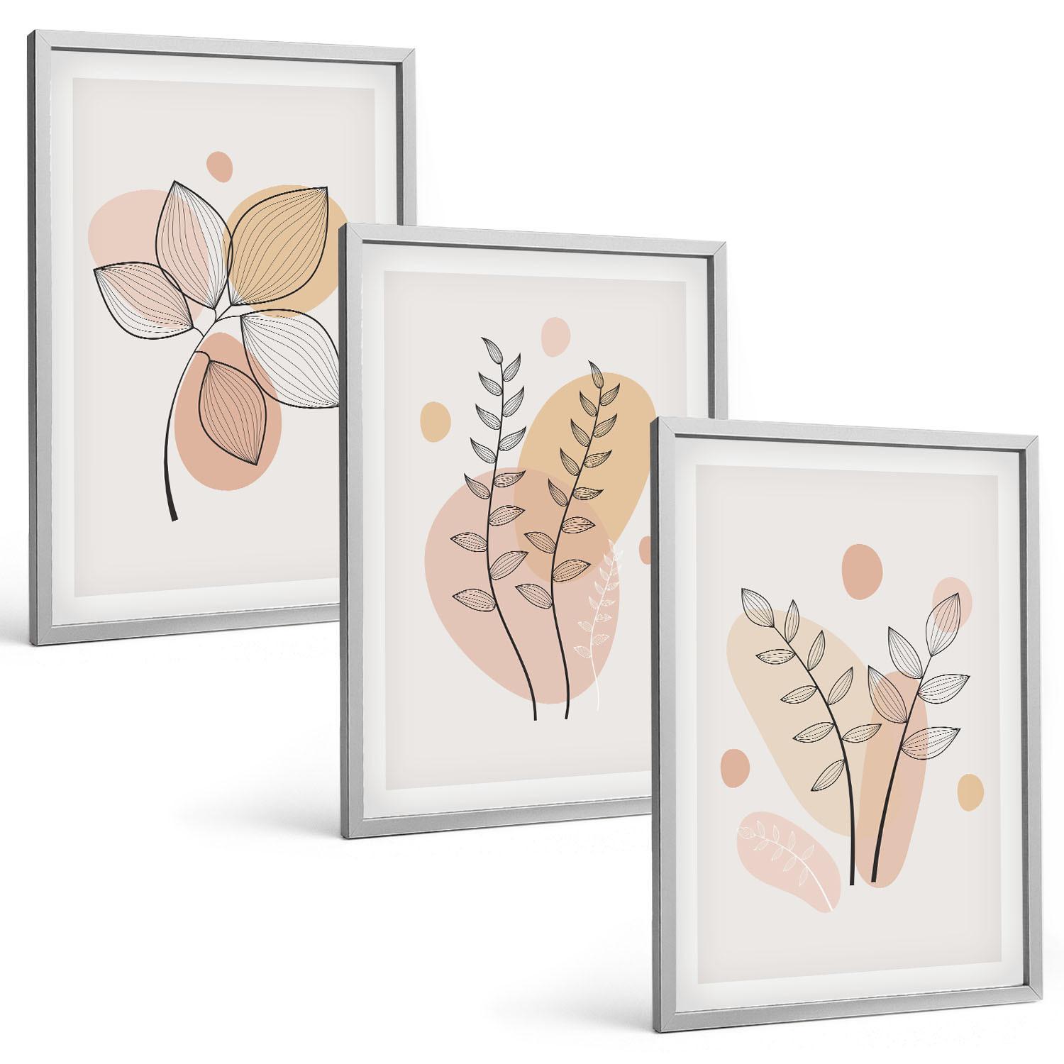 BILDER SET 3er Set - 40x60 cm Silberner Rahmen - Pastellfarbene Pflanzenzeichnungen - Silberfarben, Kunststoff (40/60cm) - TULUP