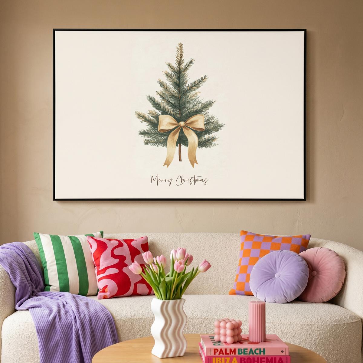 LEINWAND Bilder mit Rahmen - Weihnachtsbaum - Weihnachten - Frohe Weihnachten - Beige - 140x90 - Sandfarben, Textil (140/90cm) - MuchoWow