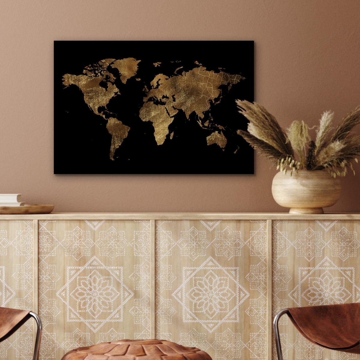 METALLBILD Weltkarte - Gold - Luxus - Erde - Schwarz Wandbild 60x40 cm - Goldfarben, Metall (60/40cm) - MuchoWow