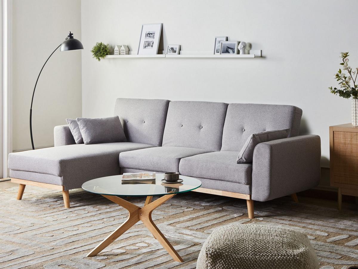 ECKSCHLAFSOFA 3-Sitzer Stoff Grau rechtsseitig Kaarina - Hellbraun, Textil (260/152cm) - Beliani