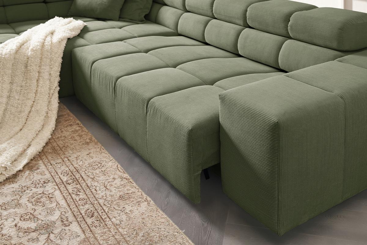 ECKSOFA MIT MOTORISCHEM SITZVORZUG NEVADA Dunkelgrün Cord Relaxfunktion - Dunkelgrün/Schwarz, Kunststoff/Textil (319/215cm) - KAWOLA