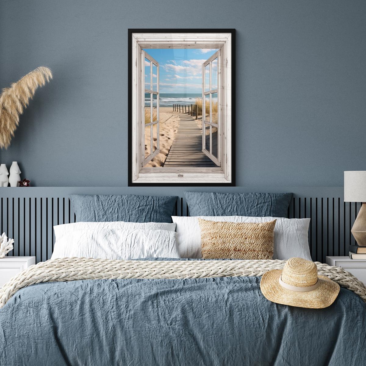 POSTER MIT RAHMENGERAHMTES BILD Fenster - Meer - Küste - Natur - Ausblick - Strand - Wattenmeer 60x90 cm - Beige, Papier (60/90cm) - MuchoWow
