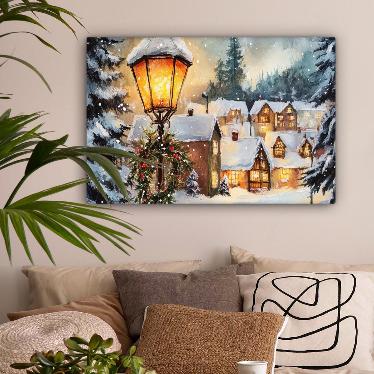 LEINWANDBILD Weihnachtsdorf - Häuser - Schnee - Weihnachten Gemälde 60x40 cm - Sandfarben, Textil (60/40cm) - MuchoWow