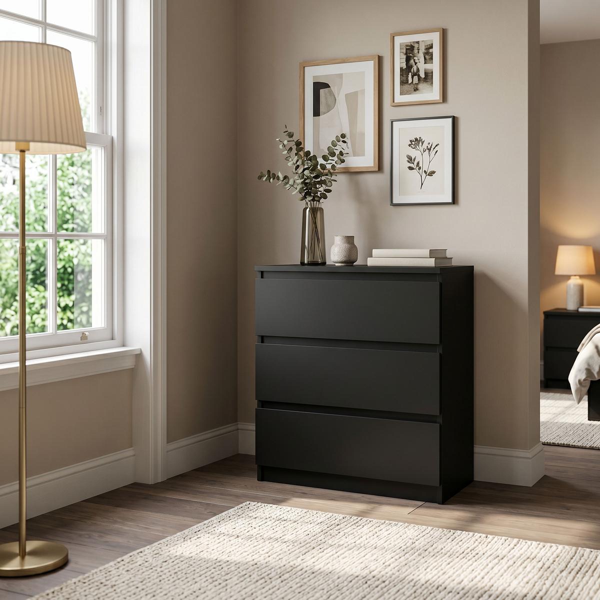 KOMMODE NUDO 70/78,5/39cm mit 3 Schubladen Türen Schwarz - Schwarz, Holzwerkstoff (70/78.5/39cm) - MASSENO