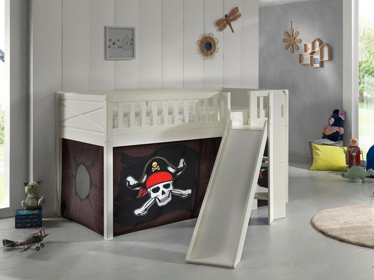 HOCHBETT mit Rutsche Karyl Holz Weiß Textilset Caribian Pirate - Weiß/Braun, Holz (90/200cm) - 58aufmkessel