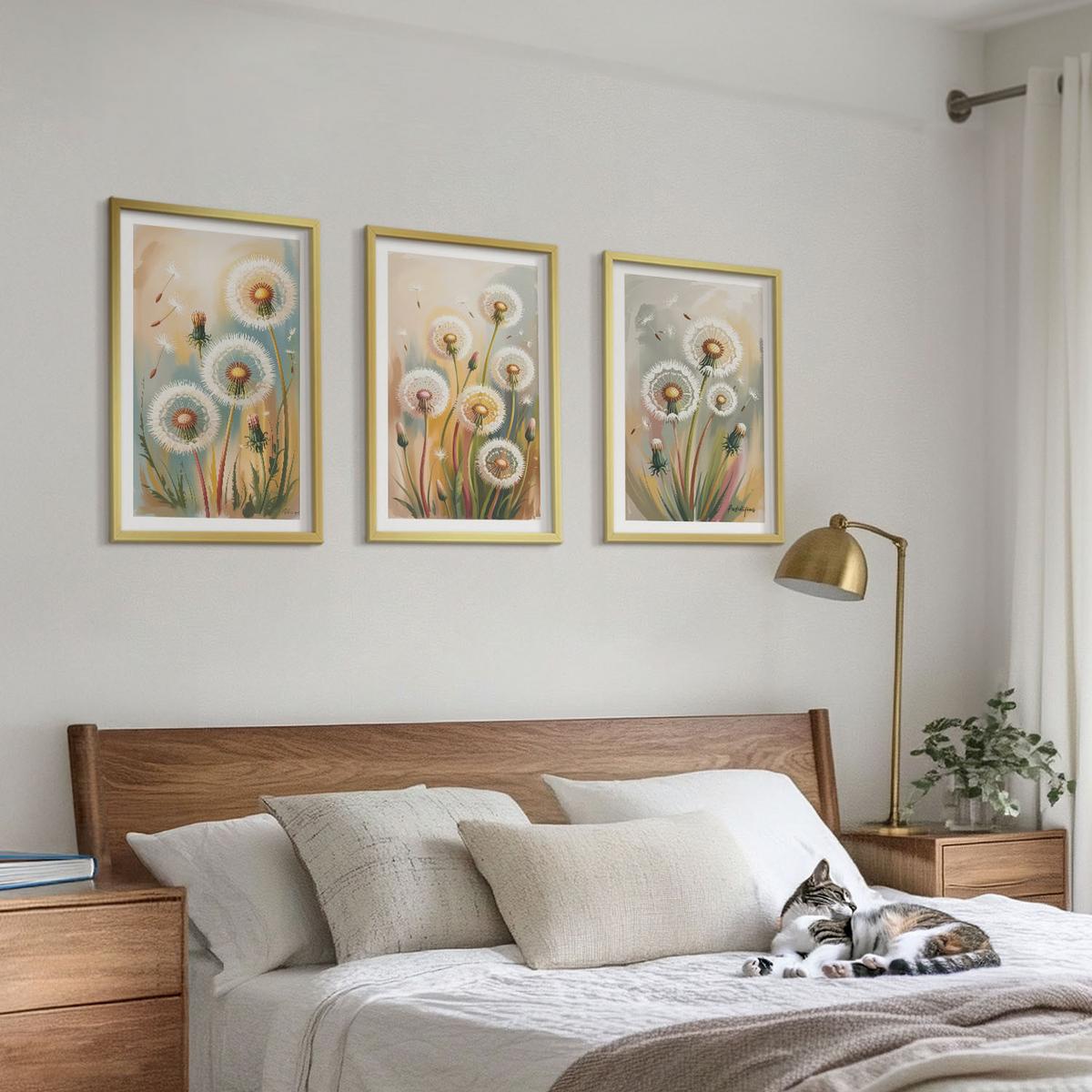 BILDER SET 3er Set - 40x60 cm Goldrahmen - Löwenzahnblüten, pastellfarbene Gräser - Goldfarben, Kunststoff (40/60cm) - TULUP