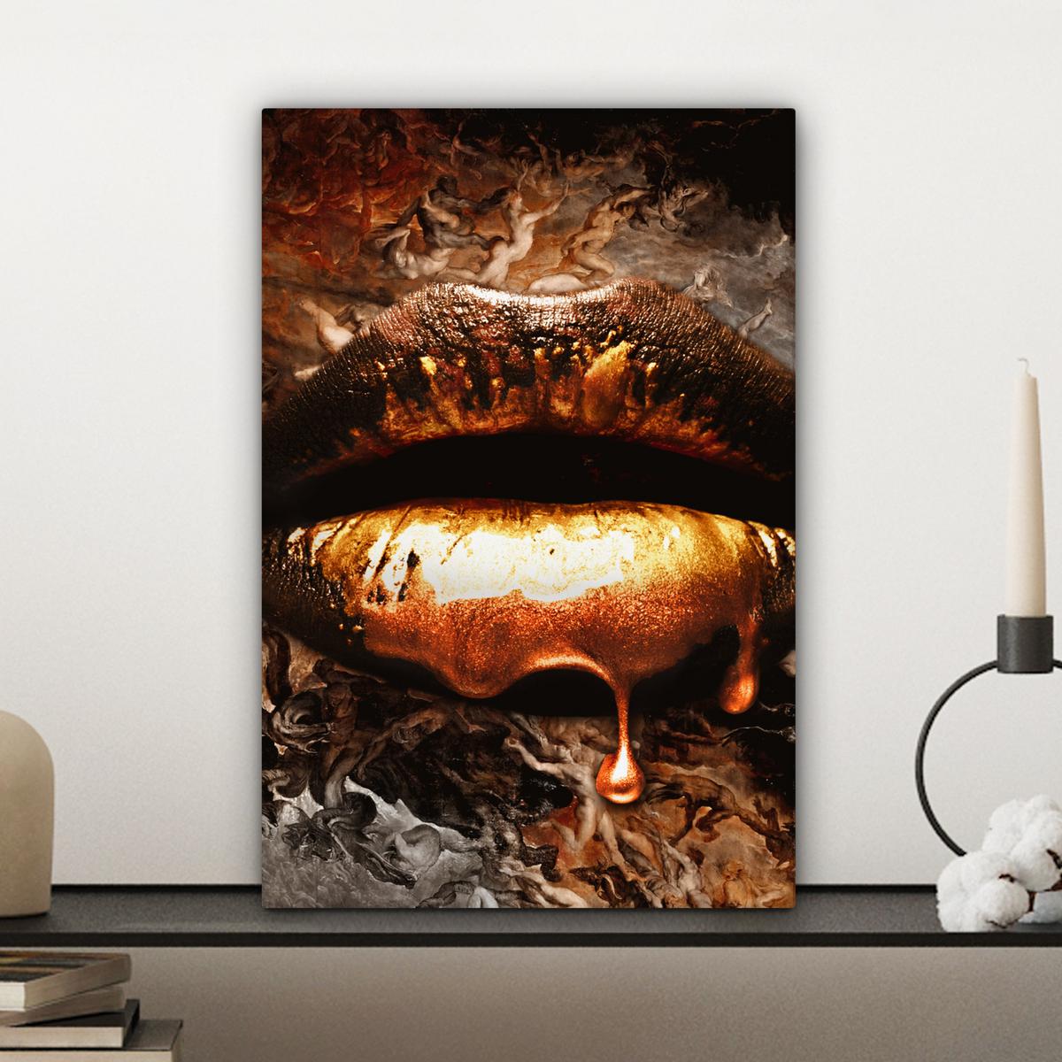 LEINWANDBILD Gold - Lippen - Kunst - Gold - Luxus - Abstrakt Deko Wohnzimmer 20x30 cm - Kupferfarben, Textil (20/30cm) - MuchoWow