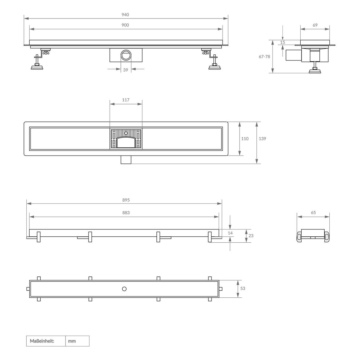 DUSCHRINNE 90cm - Schwarz, Metall (13.9/7.8/94cm) - LuxeBath