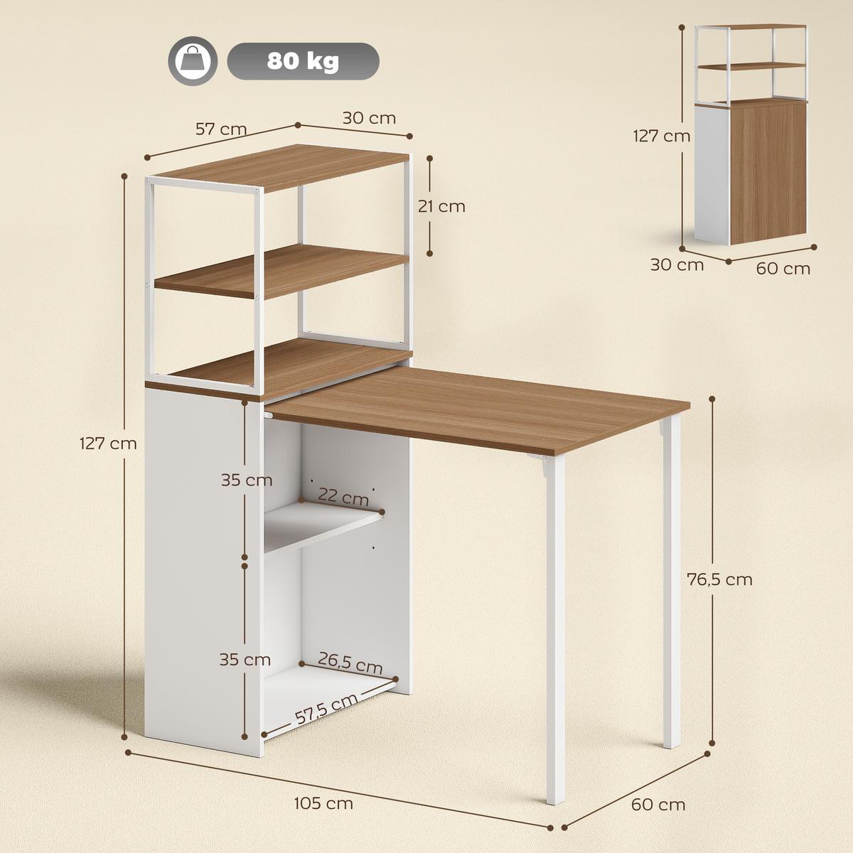 SCHREIBTISCH klappbar mit Regal Naturholz 105 x 60 x 127 cm - Naturfarben/Weiß, Holzwerkstoff/Metall (105/60/127cm) - HOMCOM