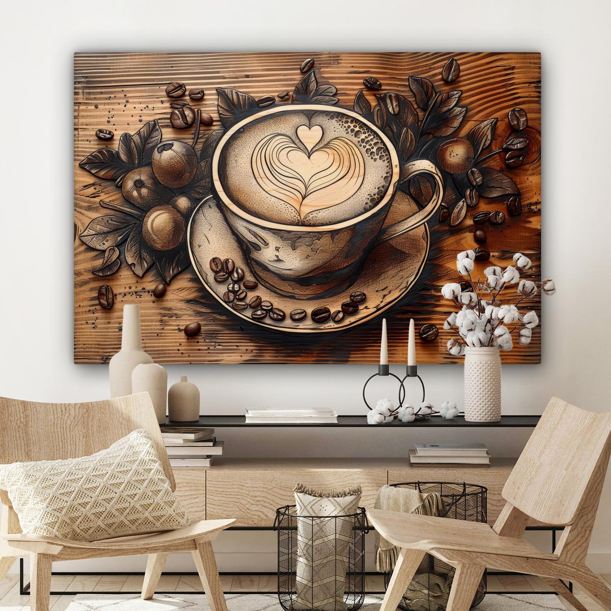 LEINWANDBILD Kaffee - Vintage - Braun - Tasse - Holz Groß 140x90 cm - Braun, Textil (140/90cm) - MuchoWow