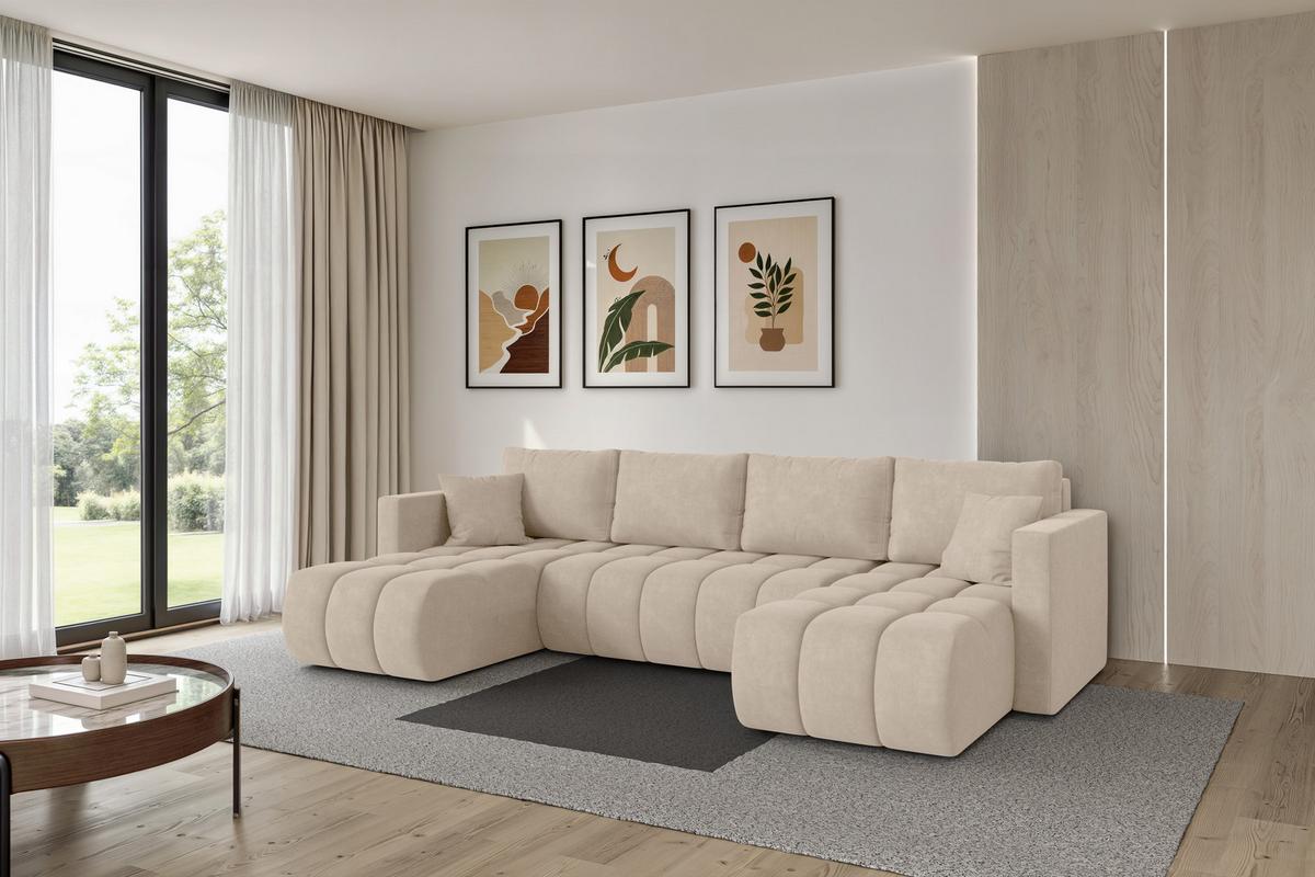 WOHNLANDSCHAFT mit Schlaffunktion und Bettkasten GARD-U 300x146x85 Beige Velours - Schwarz/Sahara, Holzwerkstoff/Kunststoff (300/85/146cm) - ALTDECOR