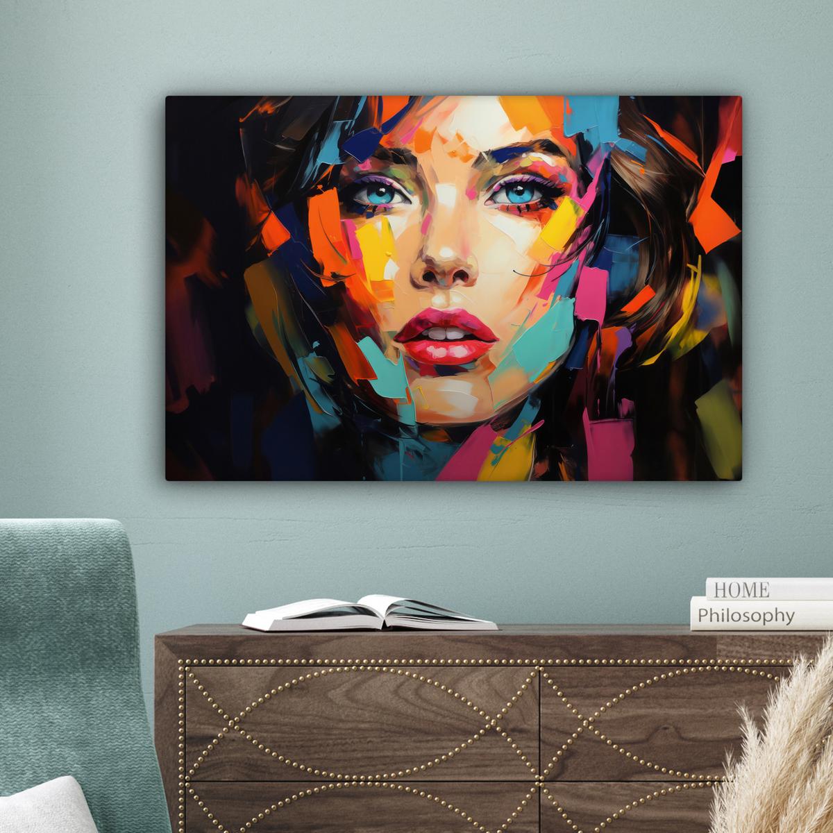 LEINWANDBILD Frau - Porträt - Farbenfroh - Kunst Gemälde 60x40 cm - Multicolor, Textil (60/40cm) - MuchoWow
