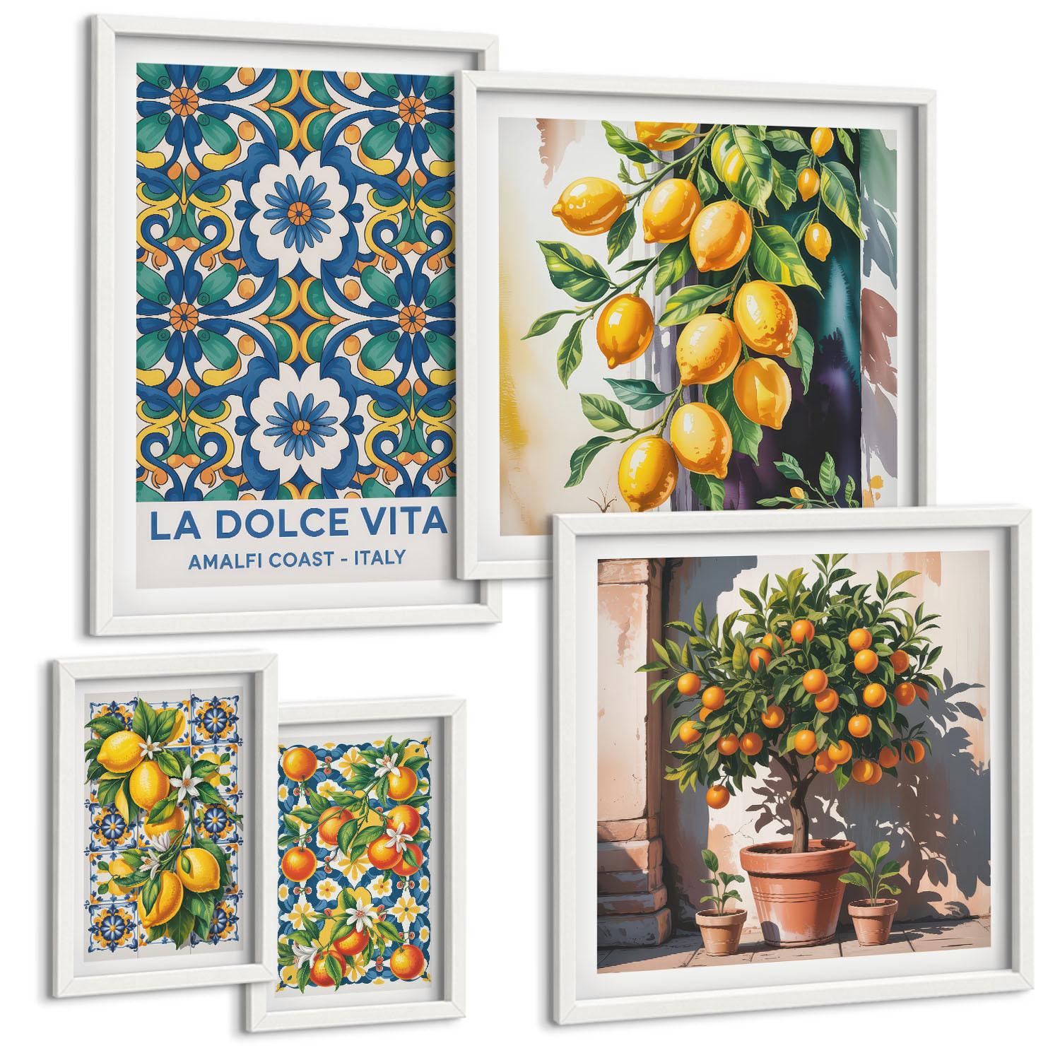 BILDER SET 5er Set - 50x50 cm & 20x30 cm & 40x60 cm Weißer Rahmen - Zitronenlimonade blaue Tür - Weiß, Kunststoff (40/60cm) - TULUP