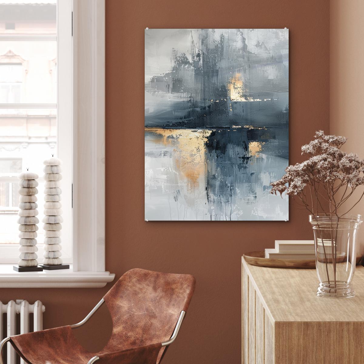 ACRYLGLASBILD Kunst - Grau - Gold - Abstrakt 60x80 cm - Dunkelgrau, Glas (60/80cm) - MuchoWow